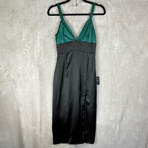 Lulus Dress Womens Extra Small Green Black Satin Midi Thigh Slit Party Cocktail